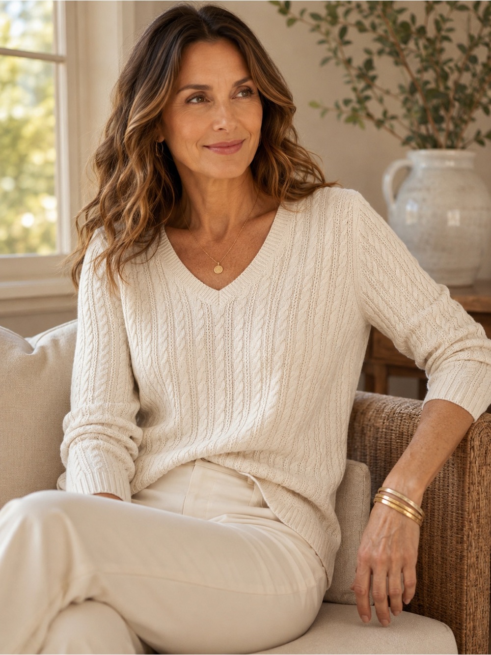 Talbots Ivory Cable Knit Sweater M Cashmere Angora Lambswool Blend V Neck Preppy